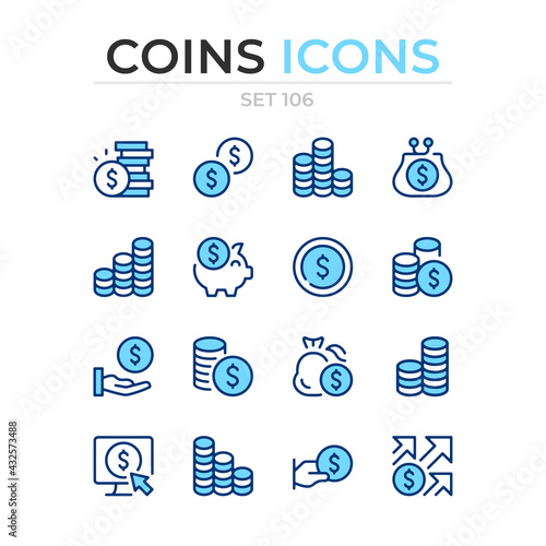 Coins icons. Vector line icons set. Premium quality. Simple thin line design. Modern outline symbols collection, pictograms.