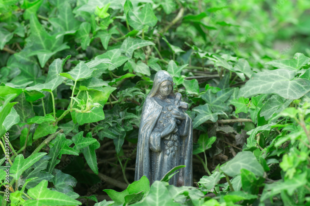 Virgin Mary surrounded by vines stems on a garden Virgin Mary surrounded by vines stems on a garden