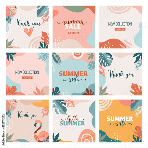 Bohemian Summer, set of modern summer sale post design with rainbow, flamingo, pineapple, ice cream and watermelon 