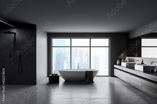 Bathroom interior with bathtub  sinks and shower with windows on skyscrapers