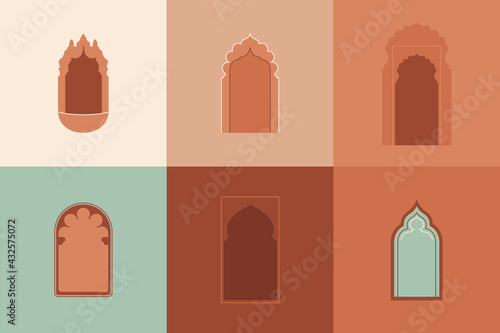 Vector moroccan shapes set. Architectural elements  arabic silhouettes of windows and doorways. Arabic badge design.