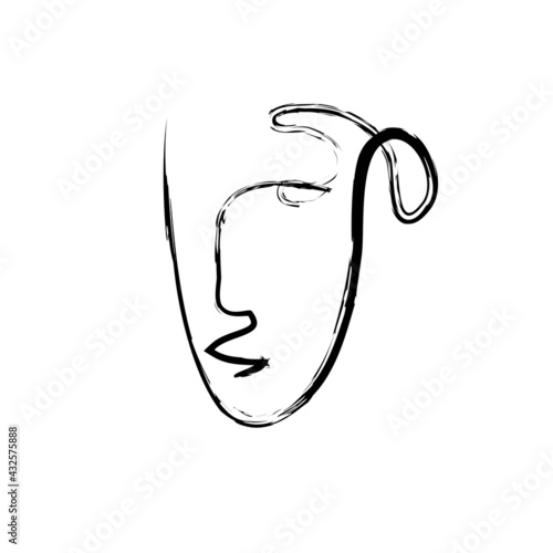 One black line abstract face hand drawn with brush. Vector illustration. Logo, avatar.