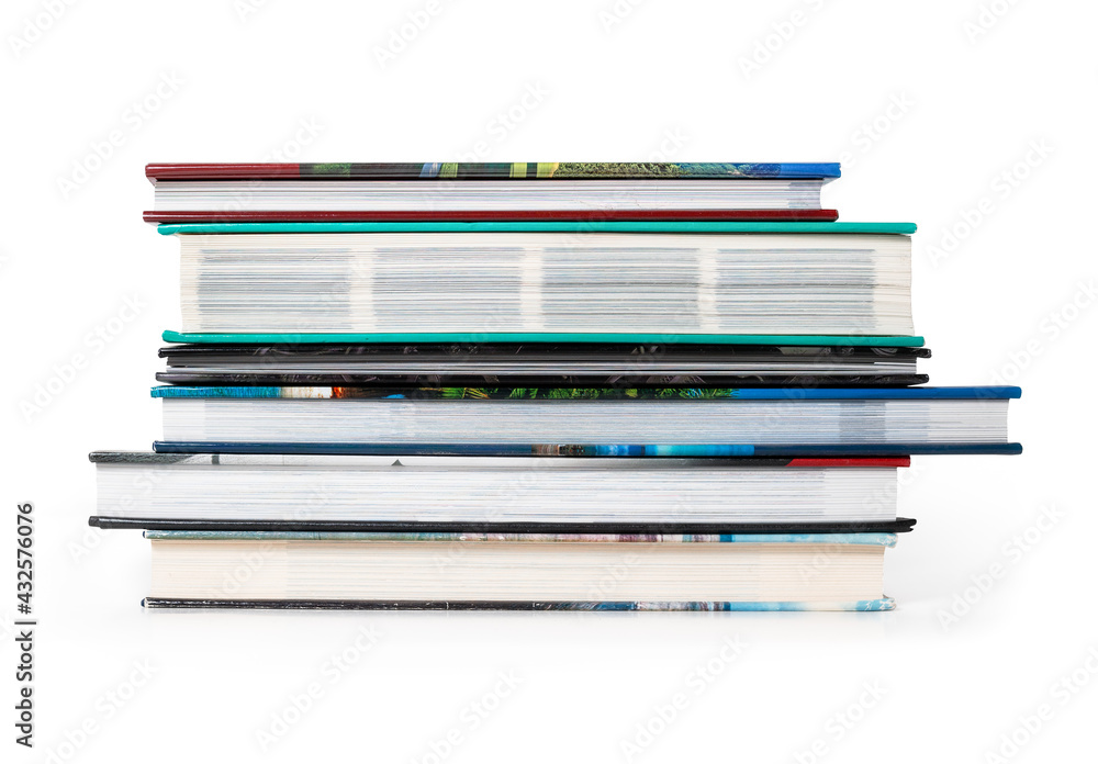 Stack of books, front view. Pile of multiple large hardcover books on top of each other. Concept for education, knowledge, reading and learning. Isolated on white. Stack of books, front view. Pile of multiple large hardcover books on top of each other. Concept for education, knowledge, reading and learning. Isolated on white.