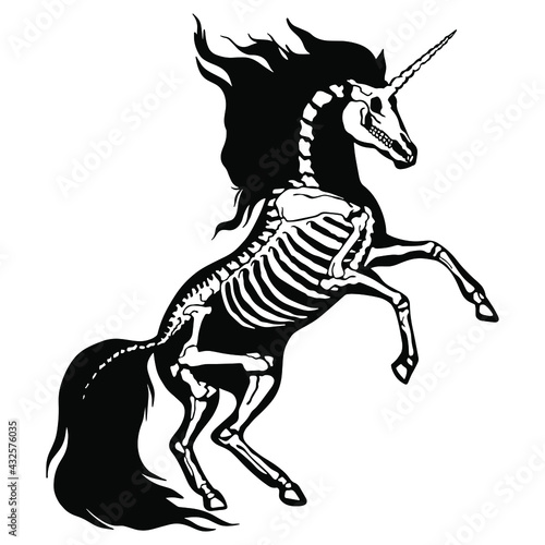 Skeleton of a unicorn on a white background. Great for t-shirts, tattoos, and more. Perfect for Halloween and Day of the Dead decoration.