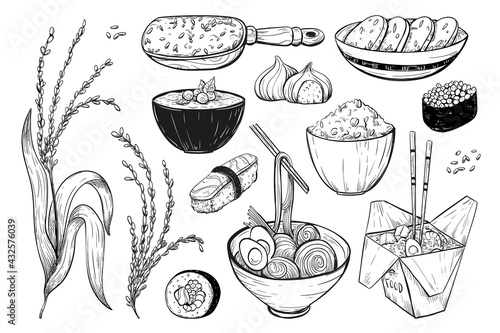 Rice vector icon set in sketch style. Collection of icons of rice products: noodles, sushi, mochi rice cake, porridge.