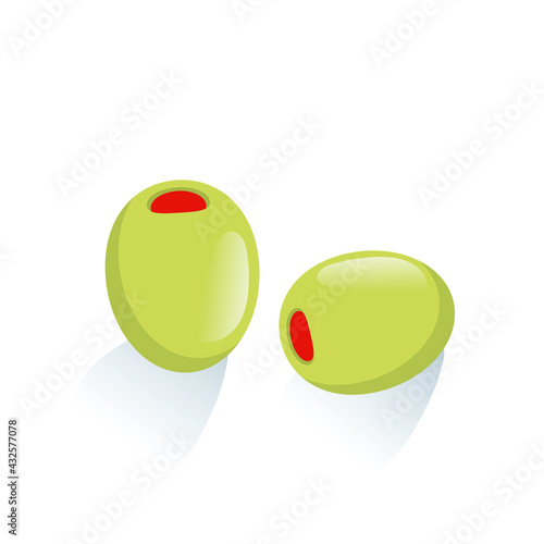 Green olives stuffed with bell peppers. Isolated on white. Pickled olives vector. Pickled olives on white background. Illustration of olive fruits. Pepper stuffed olives illustration.