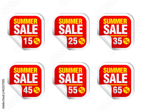 Summer Sale red sticker icon set. Sale 15%, 25%, 35%, 45%, 55%, 65% off