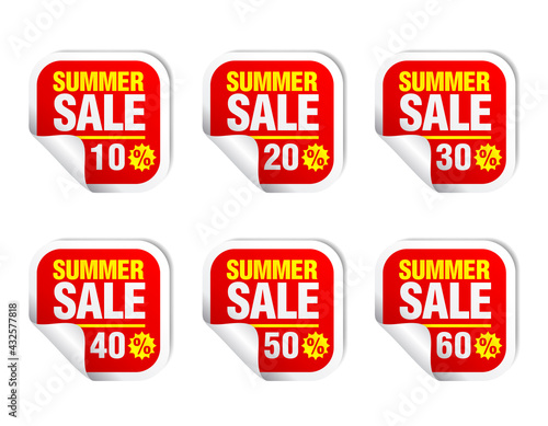 Summer Sale red sticker icon set. Sale 10%, 20%, 30%, 40%, 50%, 60% off