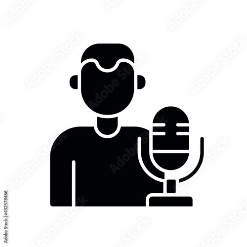 Microphone and radio host glyph icon. Podcast. Vector isolated black illustration.