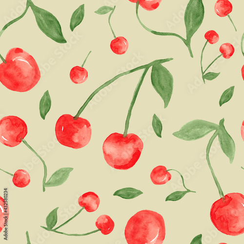 Red cherry berries - seamless pattern, watercolor painting isolated on beige background 