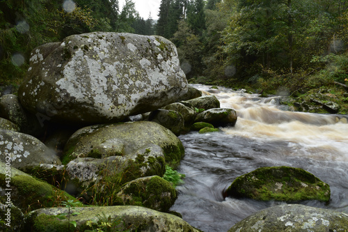 Big stone by flowing river in forest, water landscape in rainy weather