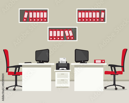 Office room. Workplace of office workers on a beige background. There are two desks, two red chairs, printer, shelves for documents and other objects in the picture. Vector flat illustration