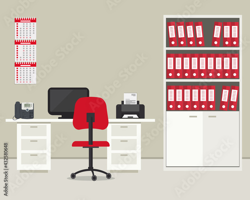 Office room in a beige and red color. Workplace for office worker with furniture. There is a desk, a chair, a phone, a printer, a calendar and cabinet for documents in the picture. Vector illustration