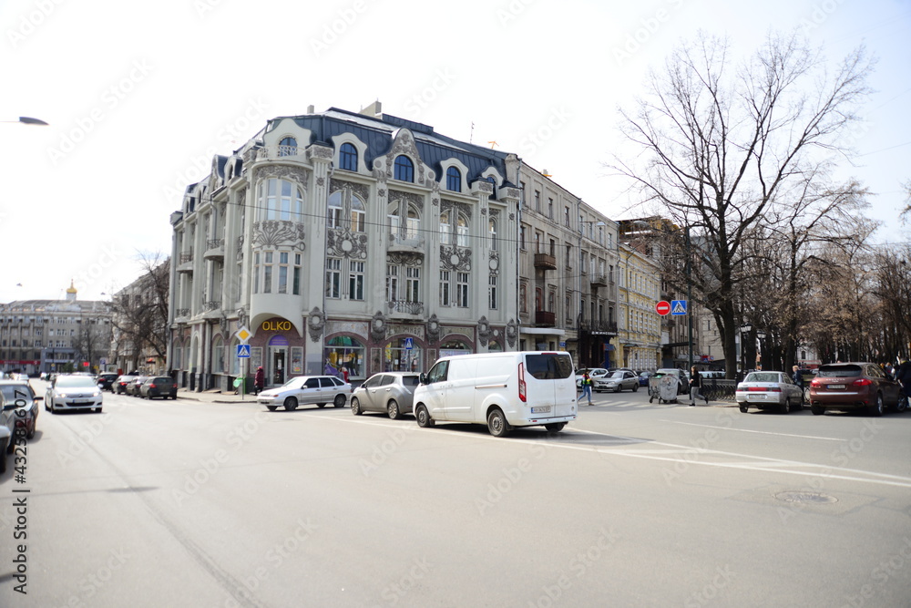UKRAINE, KHARKIV - MARCH 29, 2019: Constitution, one of the most beautiful in the historic city center, is surrounded by beautifully decorated palaces and mansions