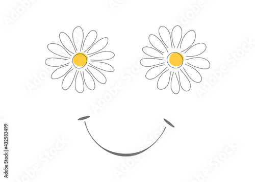Floral vector art Illustration. Smiling daisy icon. Smiley face with daisies for eyes.