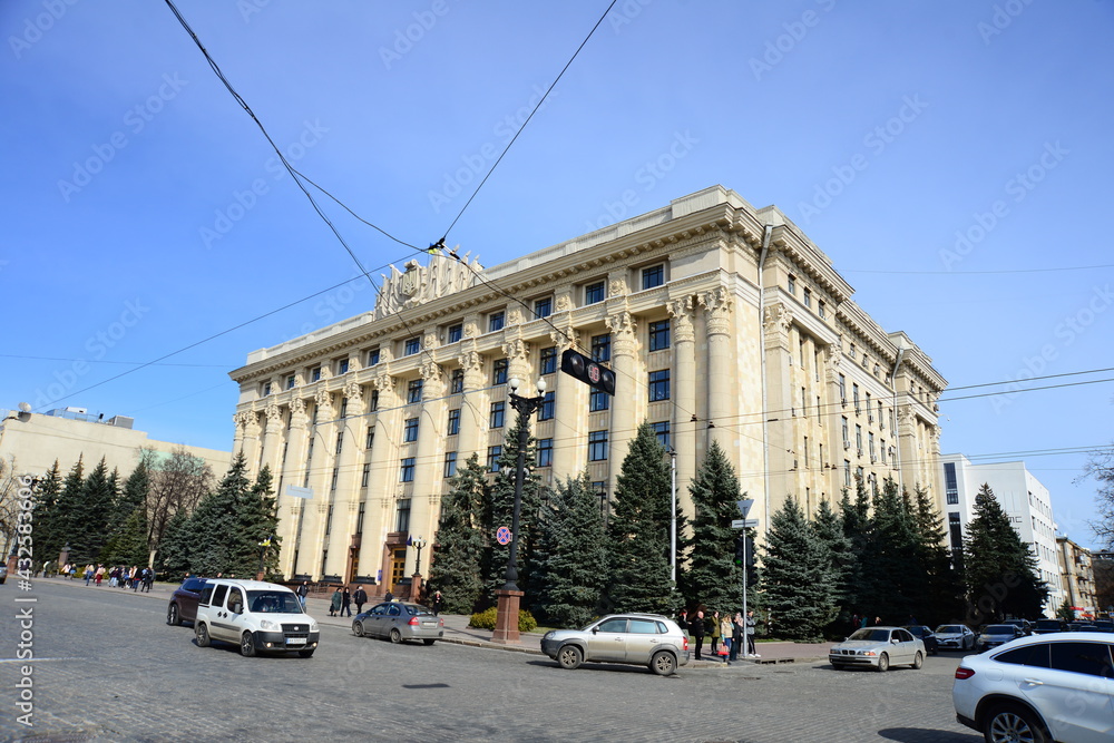 KHARKIV, UKRAINE - MARCH 29, 2019: The building of the Kharkiv Region State Administration on the Svobody square, Kharkov, Ukraine. The building in the style of the postwar Stalinist Empire.