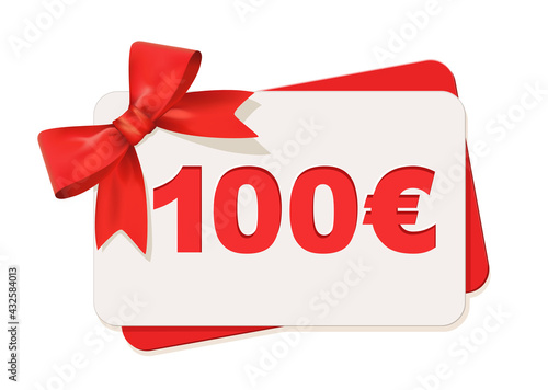 Geschenk Gutschein 100 Euro Karte mit rote Schleife, 
Vektor Illustration isoliert auf weißem Hintergrund
