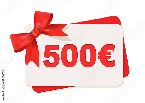 Geschenk Gutschein 500 Euro Karte mit rote Schleife, 
Vektor Illustration isoliert auf weißem Hintergrund
