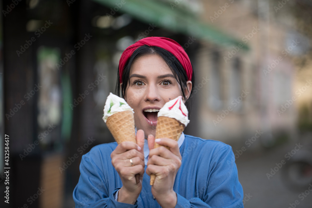 Woman eating cream. Ice cream. Food. Happy day. Woman eating cream. Ice cream. Food. Happy day.