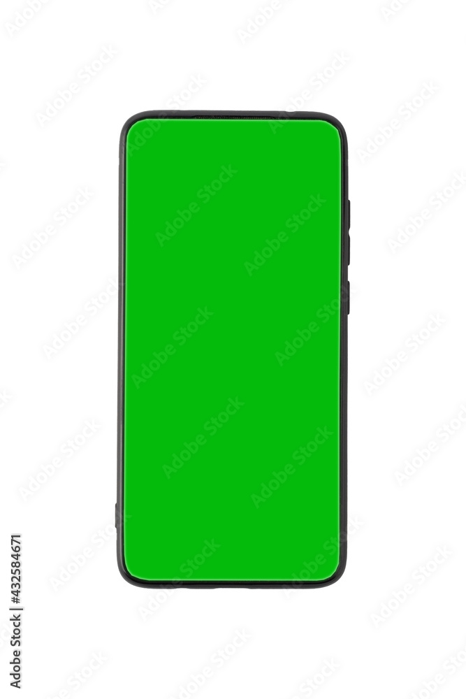 Smartphone with a chroma key instead of a screen on a white background. Isolate. Copy space Smartphone with a chroma key instead of a screen on a white background. Isolate. Copy space