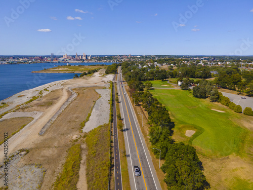 Aerial view of Veterans Memorial Pkwy with Providence River and Providence city skyline at the background in East Providence, Rhode Island RI, USA.  © Wangkun Jia