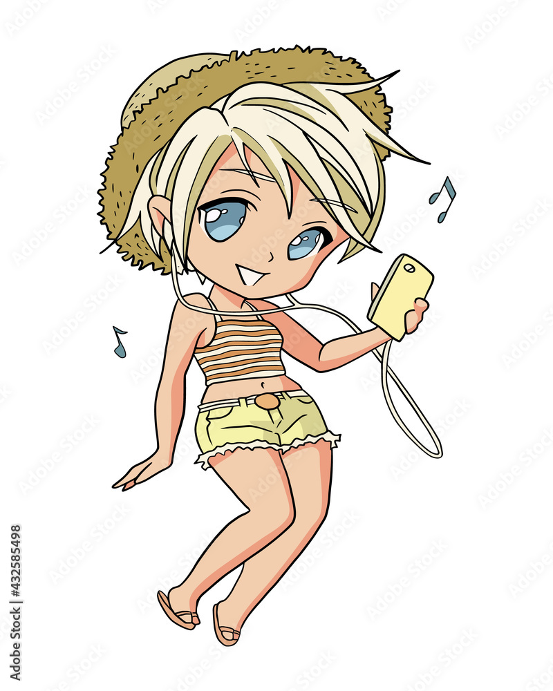 Young student girl bringing a phone, anime chibi character design ...
