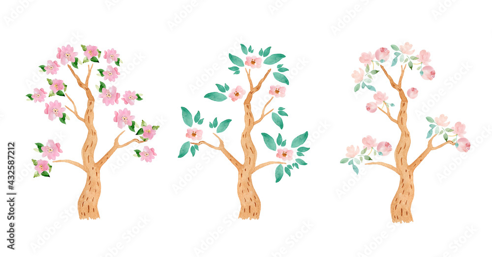 Obraz premium Watercolor ornamental trees with flowers insulated on white