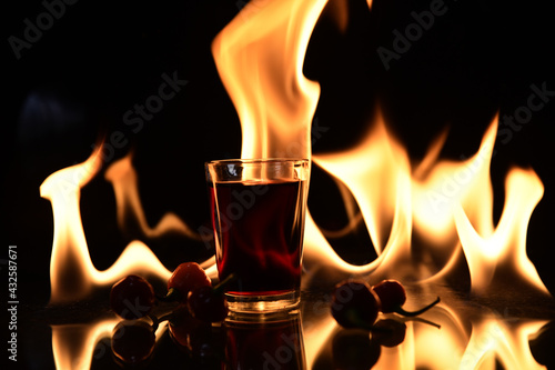 red drink with fire behind and reflection on black background