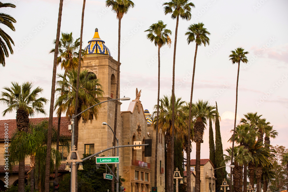Sunset view of the historic section of downtown Riverside, California.