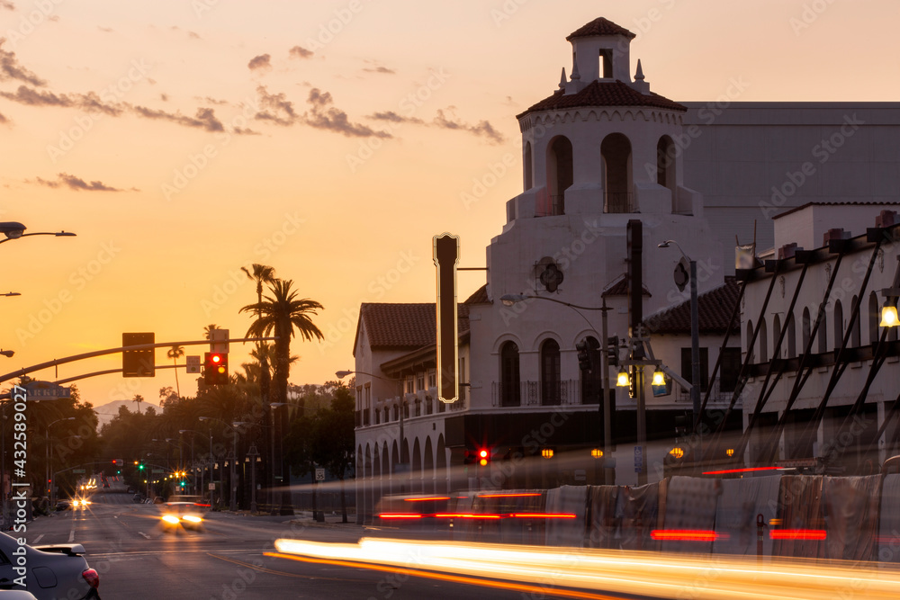 Twilight view of the historic section of downtown Riverside, California.