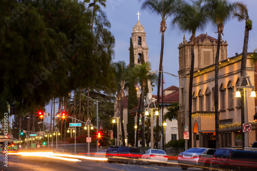 Twilight view of the historic section of downtown Riverside, California.
