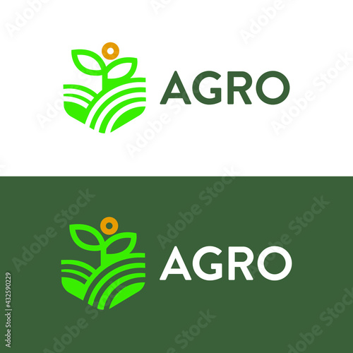 Growing plant in the green field farm under the sun agricutural logo