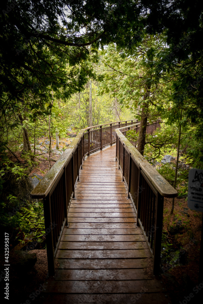 A boardwalk breaks up sections of the trail through Rockwood Conservation Area near Guelph, Ontario as it exits the forest on a rainy day. A boardwalk breaks up sections of the trail through Rockwood Conservation Area near Guelph, Ontario as it exits the forest on a rainy day.