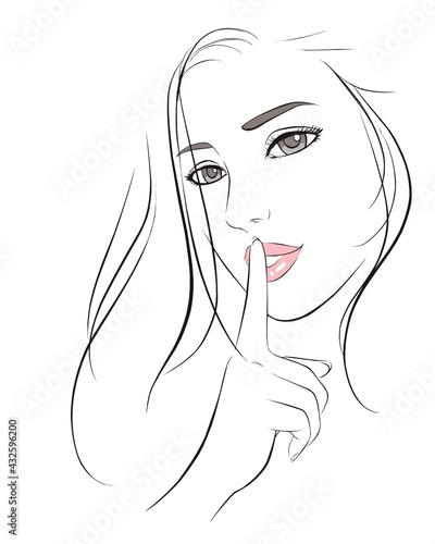 Sexy girl making a quiet gesture. vector illustration isolated cartoon hand drawn. Line art