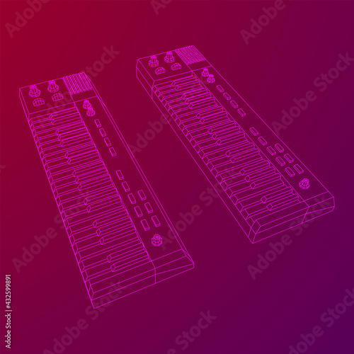 Piano roll analog synthesizer faders buttons knobs. Wireframe low poly mesh vector illustration.