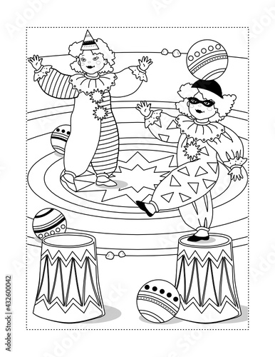 Coloring page with two little circus clowns performing with balls on big top arena
