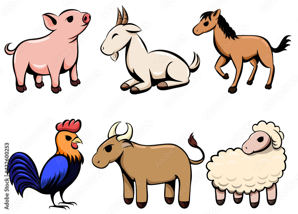 Set of six line art cartoon vector images of various farm animal There are pigs goats horses chickens cows and sheep