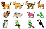 Vector illustration cartoon of twelve different wild animals with lion tiger deer squirrel rabbit monkey snake owl parrot bird and hornbill