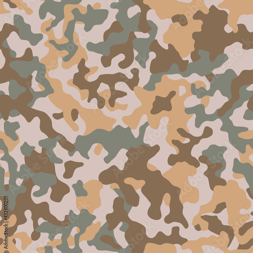 Camouflage pattern background seamless vector illustration. Classic clothing style masking camo repeat print. Beige, brown, ocher and green colors forest texture. 