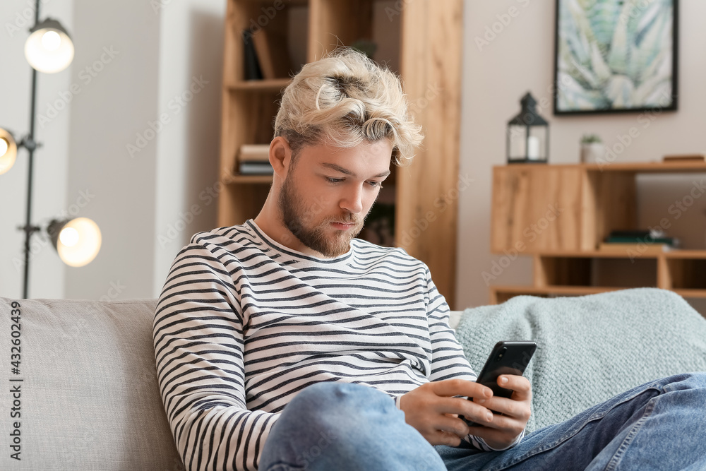 Young man with mobile phone at home Young man with mobile phone at home