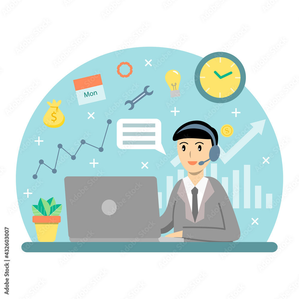 Operator working on notebook answering Customer's question. Call center, customer service, customer care, Broker agent, hotline concept Operator working on notebook answering Customer's question. Call center, customer service, customer care, Broker agent, hotline concept