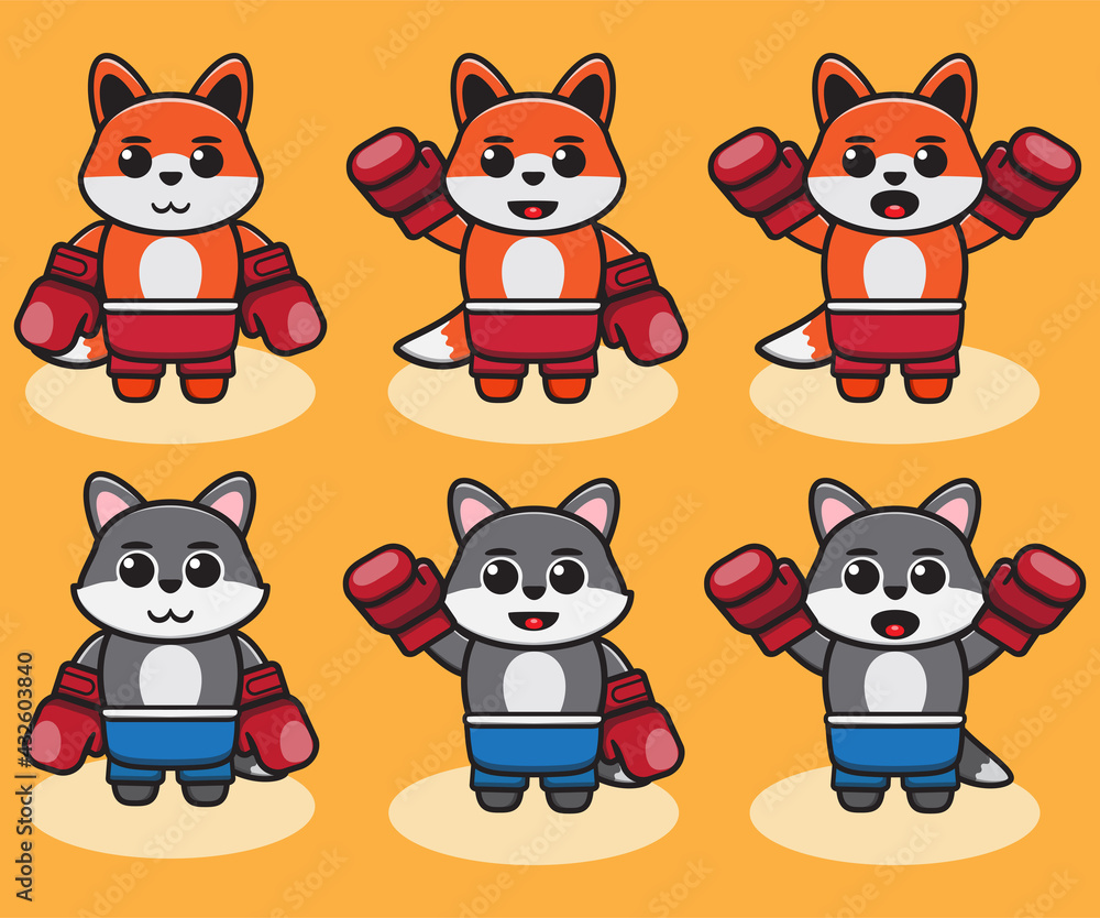 Vector illustration of cute Boxing Wolf, cartoon. Cute Wolf character expressions, design bundle. Good for icon, logo, label, sticker, clipart. Vector illustration of cute Boxing Wolf, cartoon. Cute Wolf character expressions, design bundle. Good for icon, logo, label, sticker, clipart.
