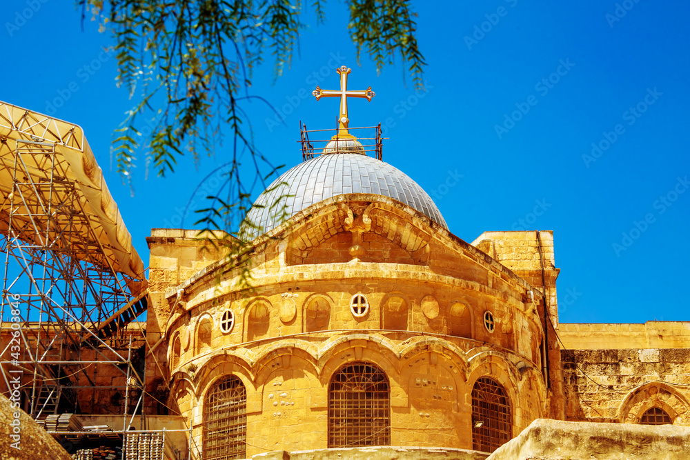 Dome of the Church of the Holy Sepulcher in the city of Jerusalem on a sunny day