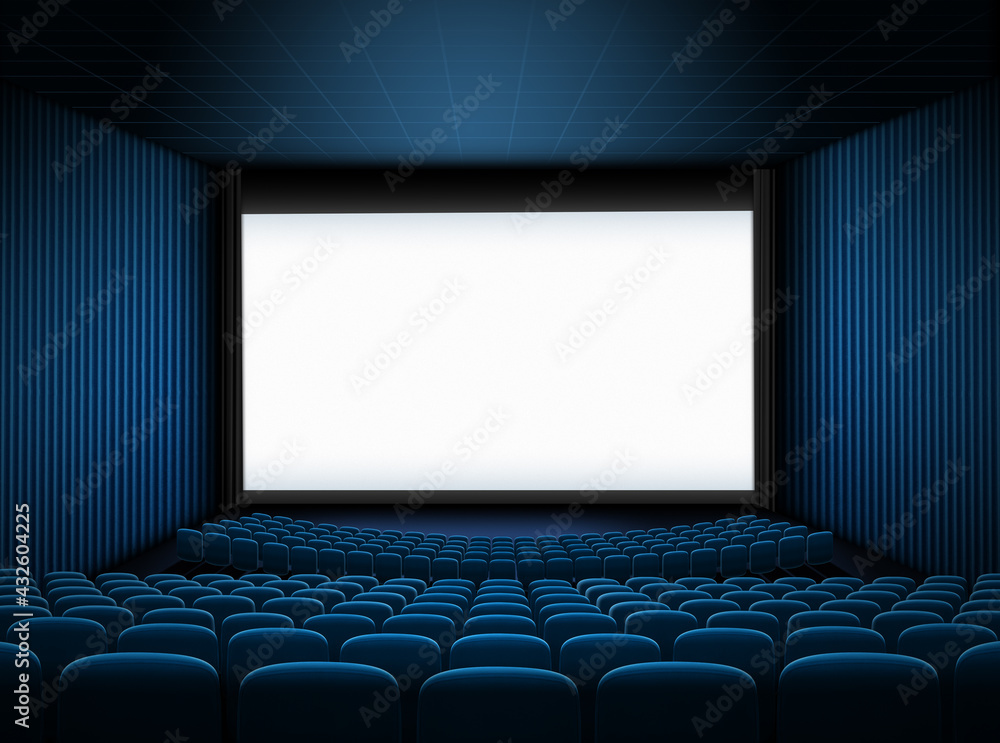 cinema hall with big screen and blue seats 3d illustration
