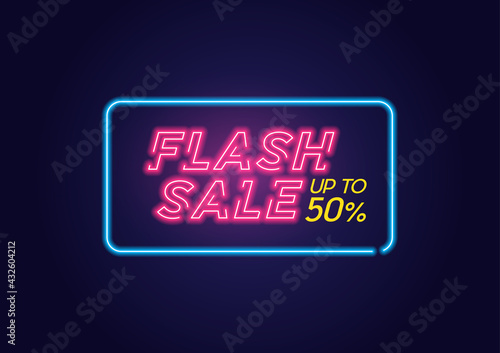 Pink Glow Neon Flash Sale with up to 50% Offer Banner. Advertising billboard for promotion flash sale offer, this design is a simple neon technique typography style.