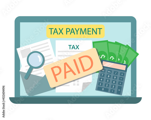 Computer showing tax payment was piad on screen. tax payment concept