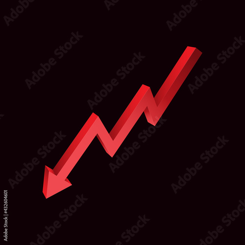 Red downtrend abstract background. A red arrow is showing the trend of the market to a downtrend. Background for the economy and data analysis.