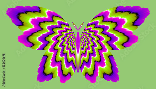 Green, pink and purple butterfly. Optical expansion illusion.