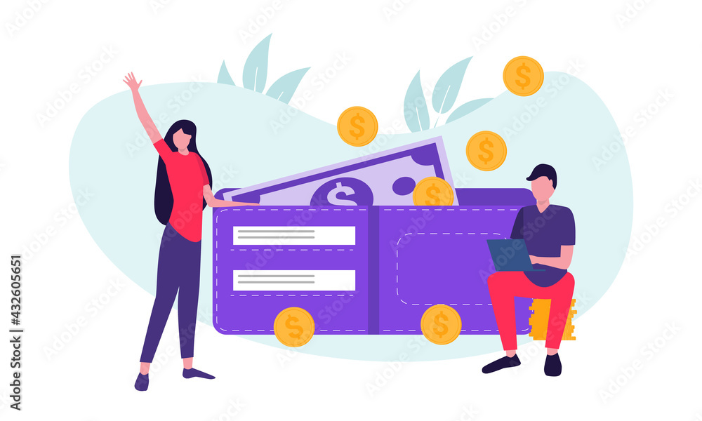 People with big wallet and stack of coins, online payments, e-wallet concept with wire transfer, can be used for landing page, template, ui, web page, banner, flyer