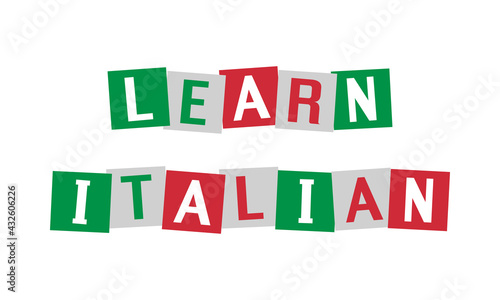 learn italian text in disordered squares painted in italy flag colors